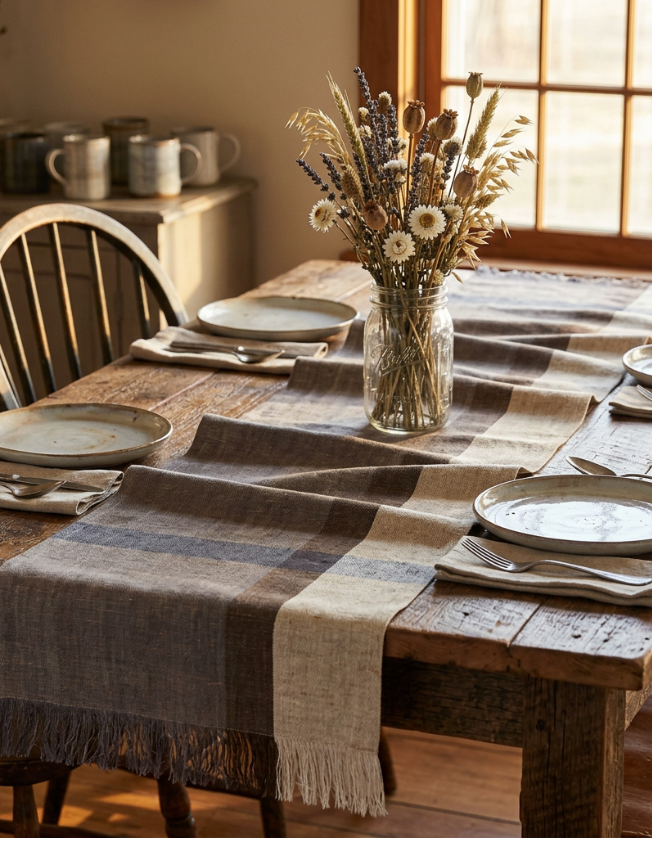CAFE CON LECHE Table Runner, Handwoven Flax Linen